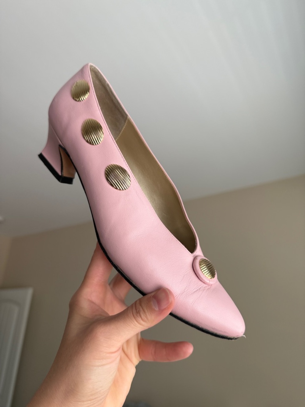 Sesto Meucci Pink Leather Gold Button Vintage Italian Designer Kitten Heel 7.5 - Picture 3 of 7